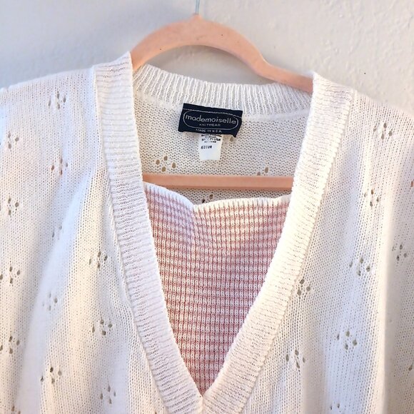 Vintage 80's Mademoiselle White & Pink Knit Sweater Size Medium - Picture 3 of 5